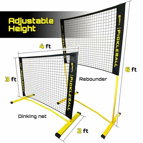 Adjustable pickleball net with 3 to 6 feet height options.