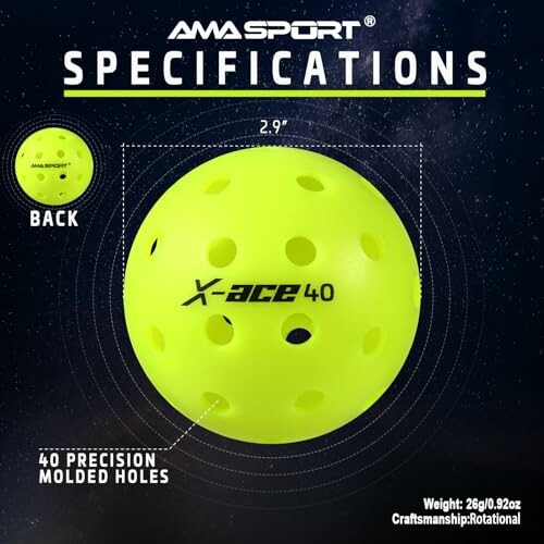 AMA Sport X-ace 40 pickleball specifications with precision molded holes.