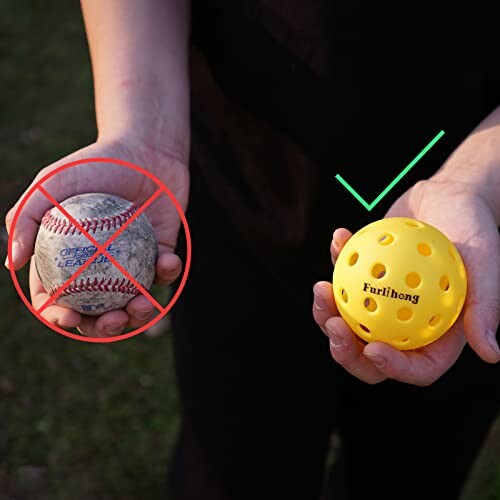 Person holding a baseball with a red cross and a yellow perforated ball with a green check mark.