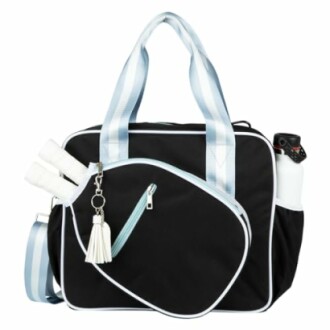 Black tennis bag with white accents and accessories