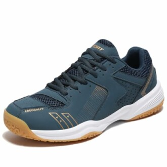 Blue athletic shoe with white sole and gum outsole.