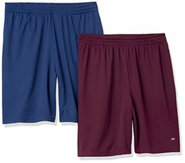 A pair of blue and maroon athletic shorts.