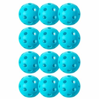 Twelve blue pickleball balls with holes