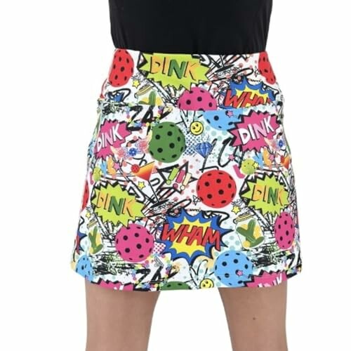 Colorful comic-style patterned skirt with words like 'Wham' and 'Dink'.