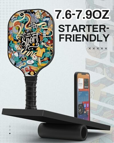 Colorful paddle with gadgets and text 7.6-7.9oz starter-friendly