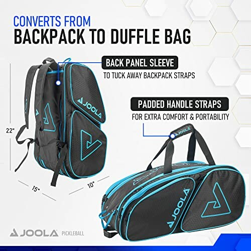 Convertible backpack to duffle bag with padded handle straps and back panel sleeve.