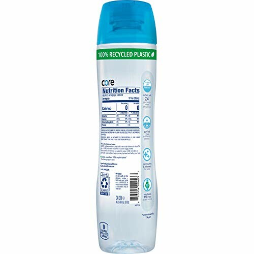 Core water bottle with recycled plastic label and nutrition facts