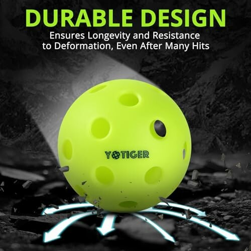 Yellow ball with durable design and text overlay.