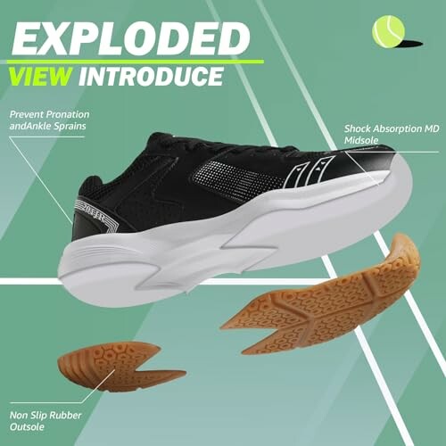 Exploded view of a sneaker showcasing features like shock absorption and non-slip outsole.