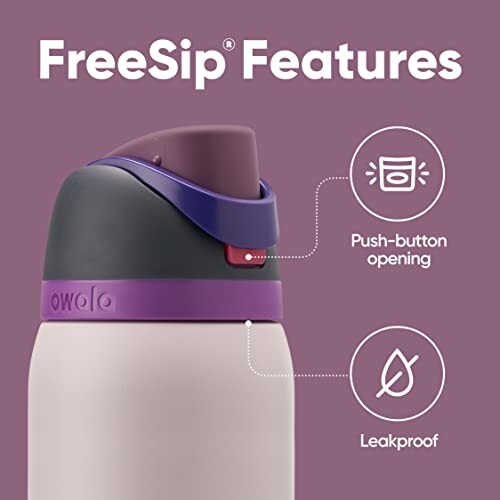 FreeSip bottle with push-button opening and leakproof features