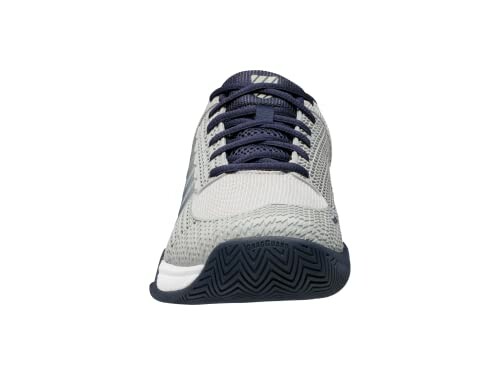 Front view of a grey sneaker with blue accents.