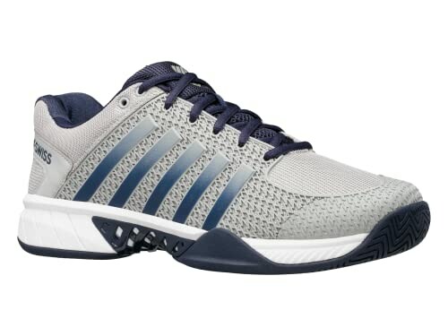 Gray and navy tennis shoe with mesh design