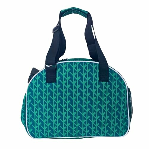 Green duffel bag with leaf pattern and black straps