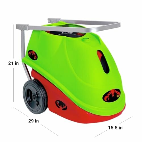 Green and red cleaning machine with wheels and handle.