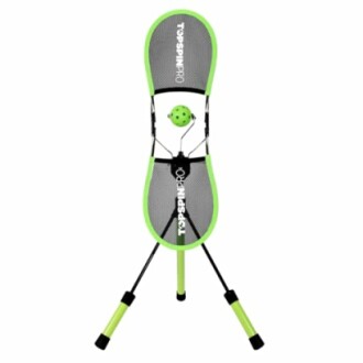 Green soccer training rebounder with net and adjustable legs