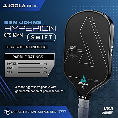 Joola Ben Johns Hyperion CFS 16mm pickleball paddle with ratings for control, power, and spin.