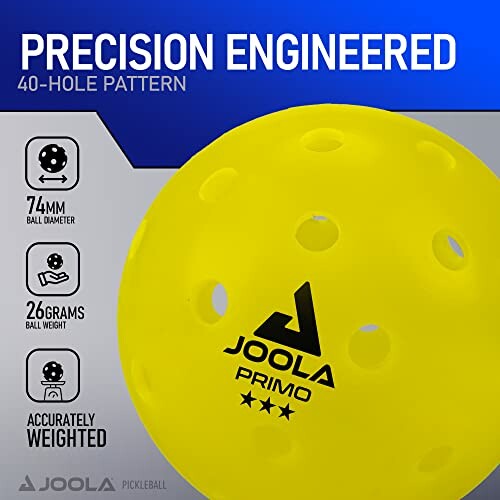 Yellow JOOLA Primo pickleball with specifications.