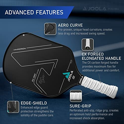 Joola pickleball paddle with advanced features including aero curve, CX forged elongated handle, edge-shield, and sure-grip.