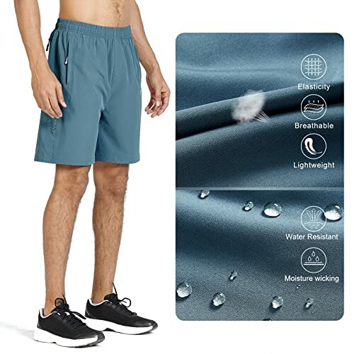 Man wearing blue athletic shorts with fabric features displayed: elasticity, breathability, lightweight, water resistance, moisture wicking.