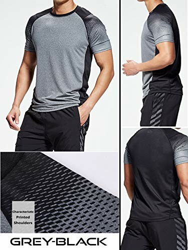 Men's grey and black short sleeve sports shirt with printed shoulders.