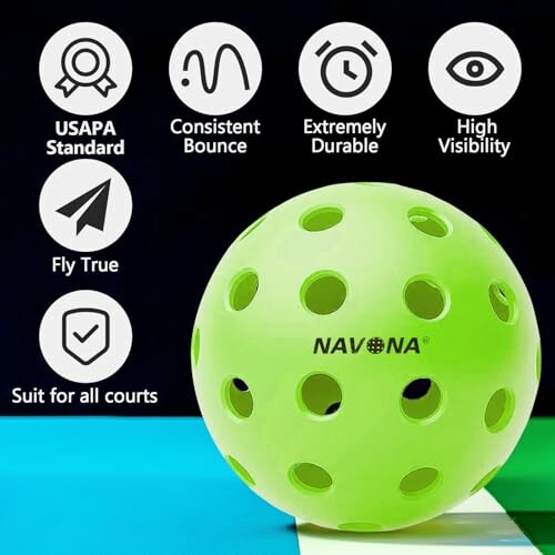 Green Navona pickleball with features: USAPA standard, consistent bounce, extremely durable, high visibility, fly true, suit for all courts.