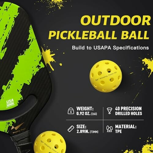 Outdoor pickleball ball with USAPA specifications and features.