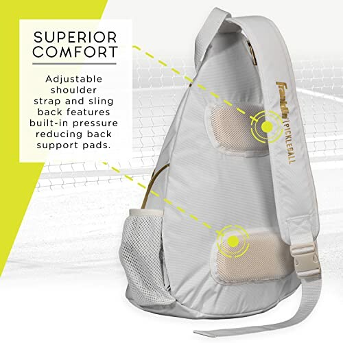 Pickleball backpack with adjustable shoulder strap and built-in pressure-reducing back support pads.