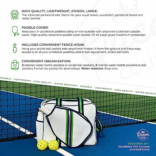 Pickleball bag with paddles and balls on a court