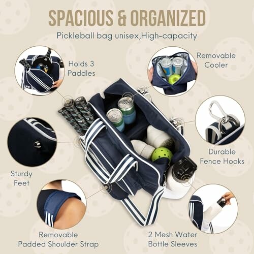 Pickleball bag with multiple features including paddle holders, cooler, and bottle sleeves.