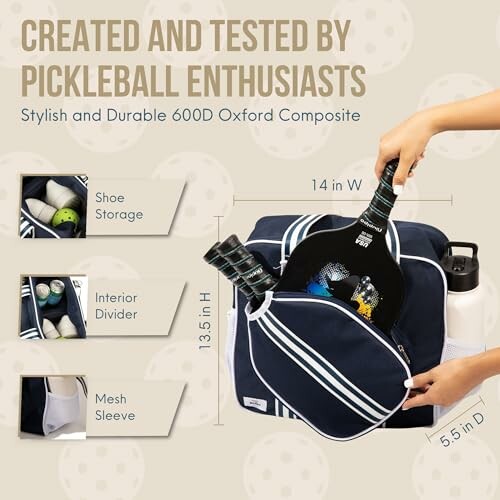 Pickleball bag with storage compartments and dimensions.