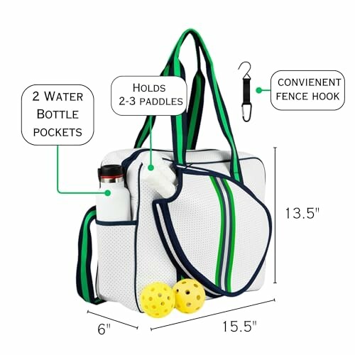 Pickleball bag with dimensions, water bottle pockets, and fence hook.