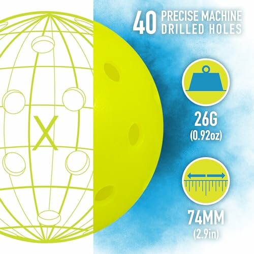 Pickleball ball specifications showing 40 holes, 26g weight, 74mm size.