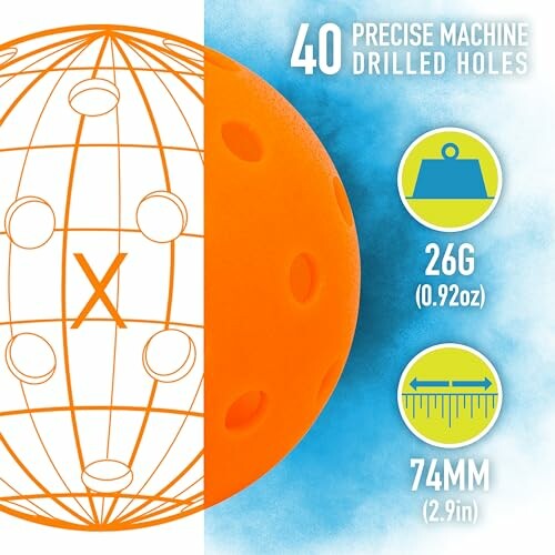 Orange pickleball with 40 drilled holes, weighing 26g and measuring 74mm.