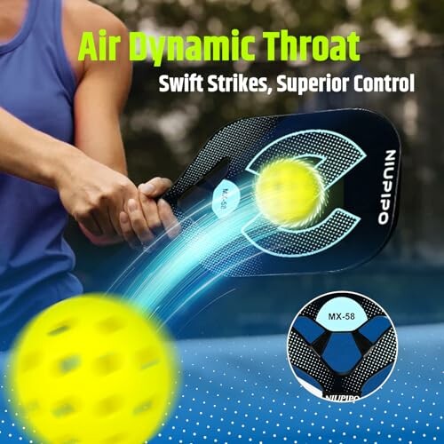 Close-up of a pickleball paddle hitting a ball with text 'Air Dynamic Throat, Swift Strikes, Superior Control'.