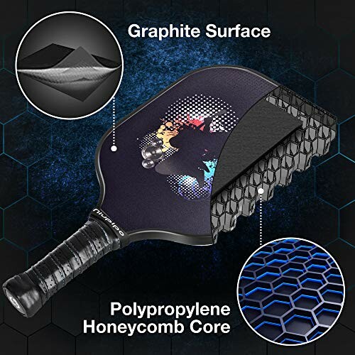 Pickleball paddle with graphite surface and polypropylene honeycomb core.