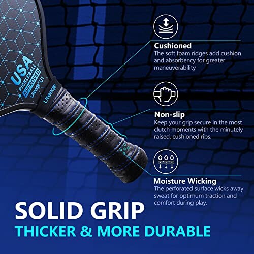 Pickleball paddle with cushioned, non-slip, moisture-wicking grip details.