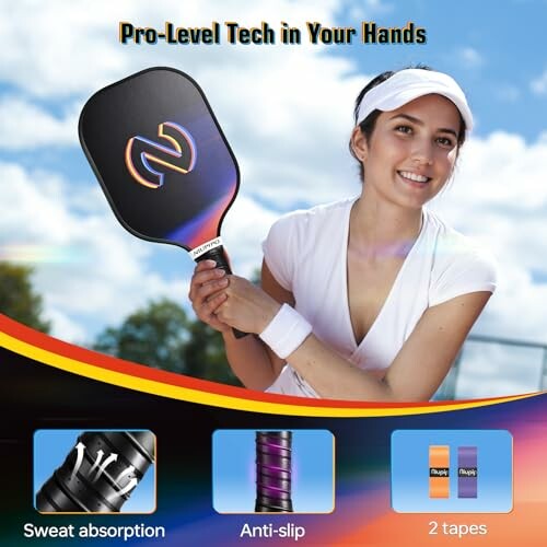 Woman holding a pickleball paddle with text on features like sweat absorption, anti-slip, and two tapes.