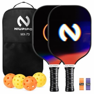 Niupipo pickleball paddle set with two paddles, three balls, and a carrying bag.