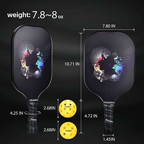 Pickleball paddles with balls and dimensions shown