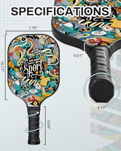 Graphic showing specifications of a colorful pickleball paddle with measurements.