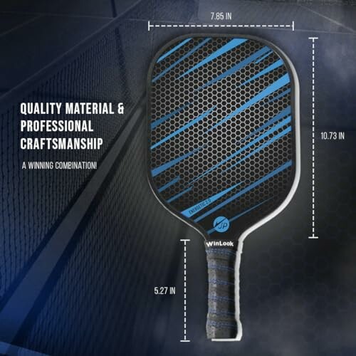 Pickleball paddle with measurements and text about quality craftsmanship.