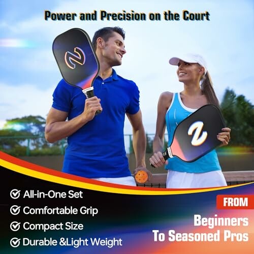 Man and woman holding pickleball paddles on a court, advertising features like all-in-one set and comfortable grip.