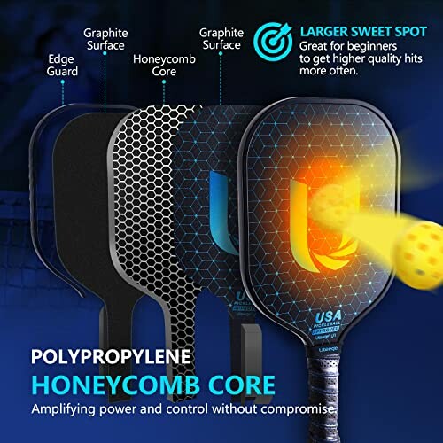 Pickleball paddles with polypropylene honeycomb core and larger sweet spot.