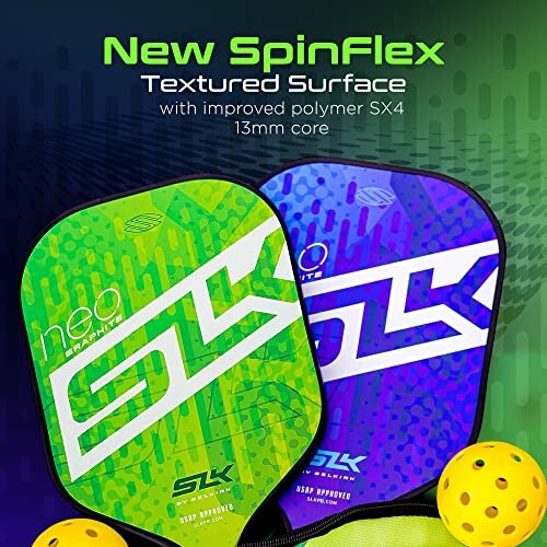 Two pickleball paddles with textured SpinFlex surface and yellow balls.