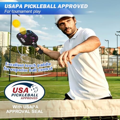 Man playing pickleball with a paddle and ball on a court.