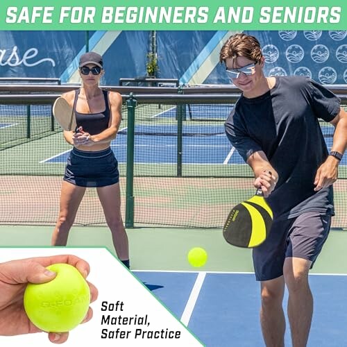 Two people playing pickleball, emphasizing safety with soft equipment.