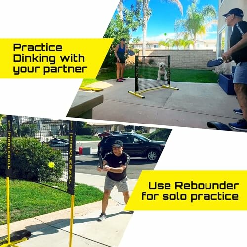 People practicing pickleball with a partner and using a rebounder.