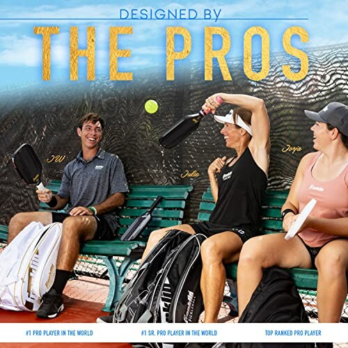 Three people playing pickleball on a bench with paddles and gear.