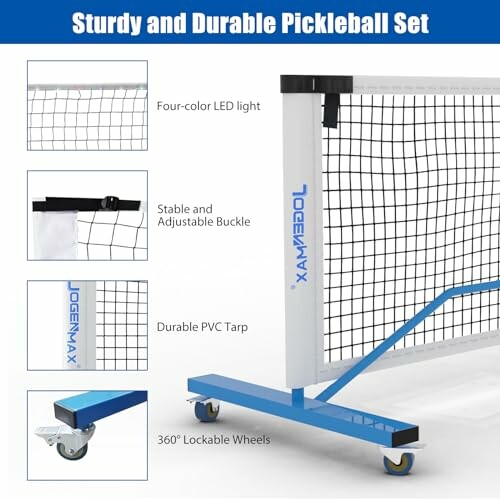 Features of a sturdy and durable pickleball set with LED light, adjustable buckle, PVC tarp, and lockable wheels.