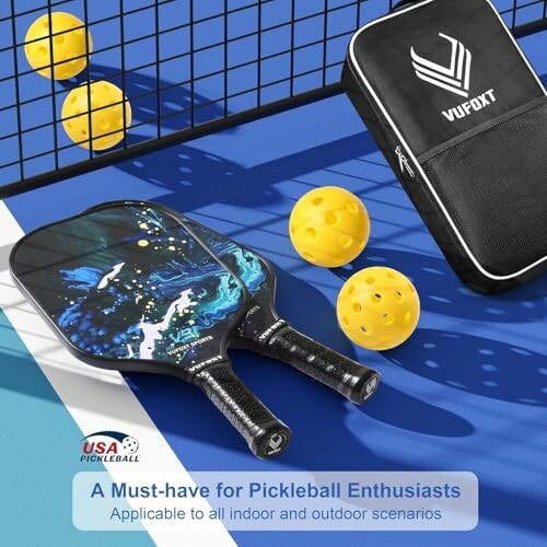 Pickleball set with paddles, balls, and net on a court